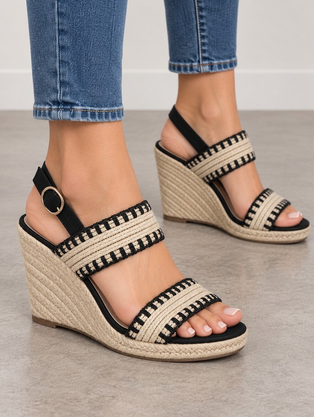 💙 OLD NAVY Strappy Black and Natural Woven Wedge Sandals - Women